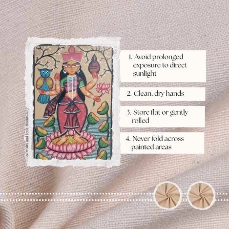 Pattachitra painting carefully rolled and stored flat to prevent creasing and protect painted surface.