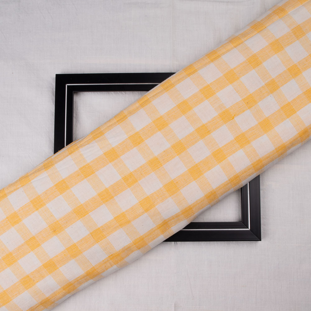 Check Yellow & White Pure Cotton 104 GSM Handwoven Fabric