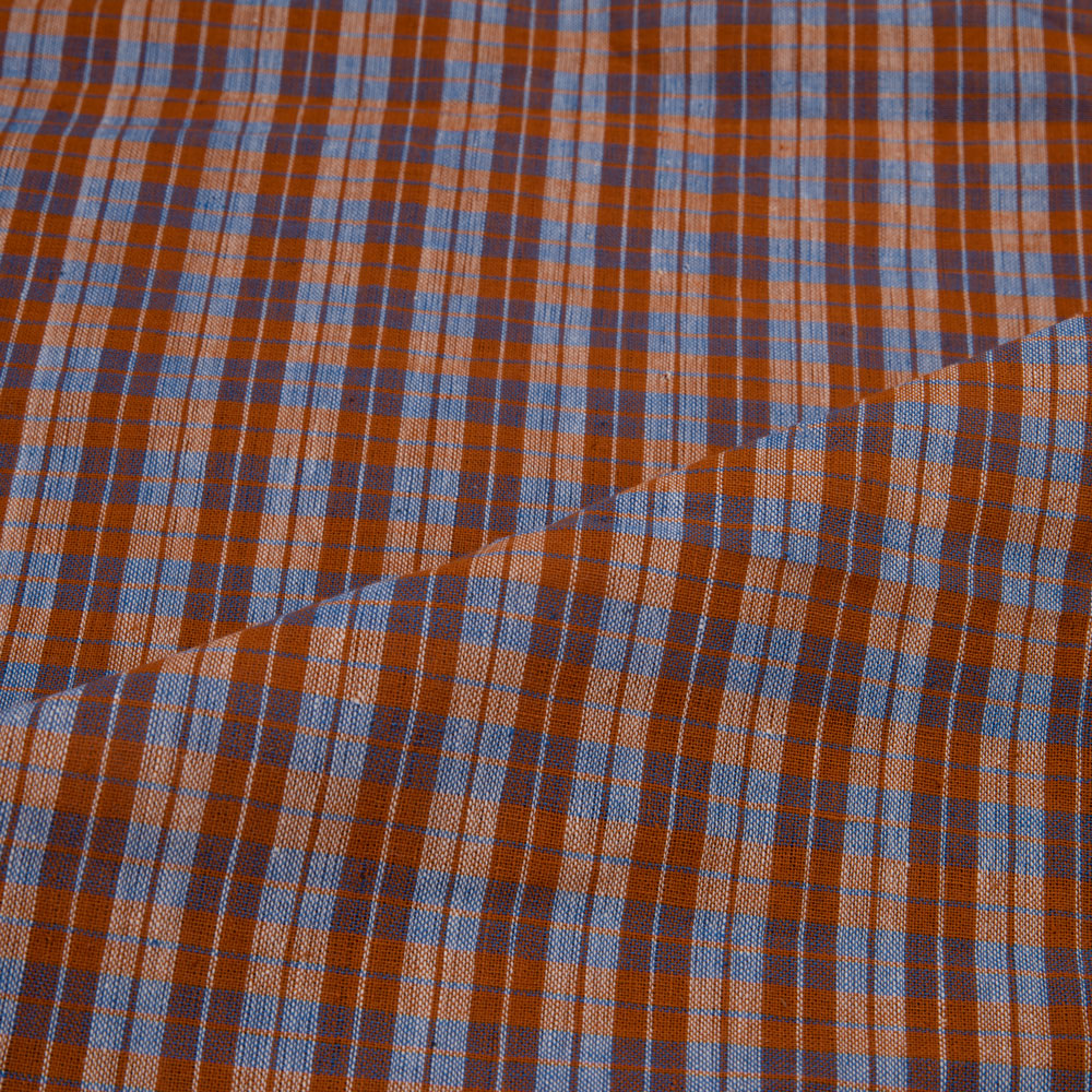 CHECK ORANGE & BLUE PURE COTTON 94 GSM HANDWOVEN FABRIC