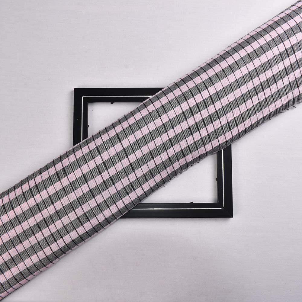 Check Twill Pink And Black Pure Cotton 100 GSM Handwoven Fabric