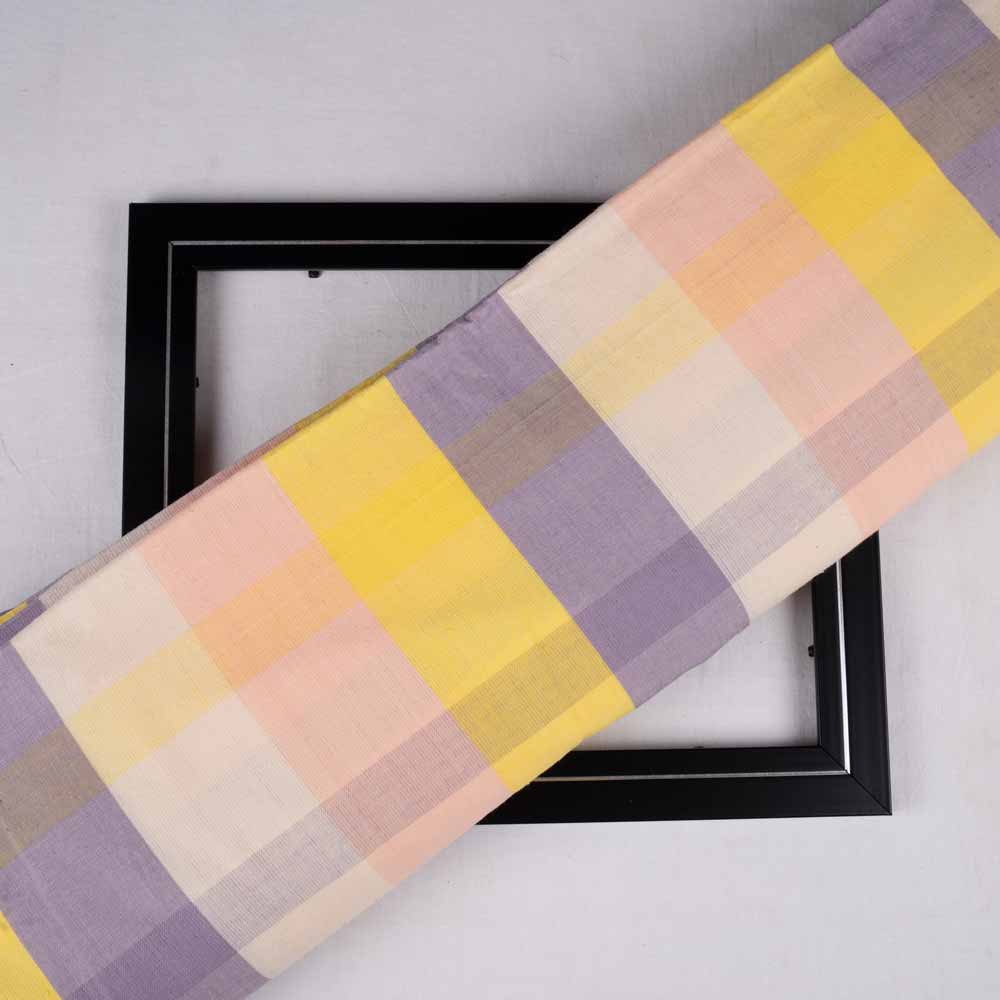 Check Peach Purple & Yellow Cotton 130 GSM Handwoven Fabric 181