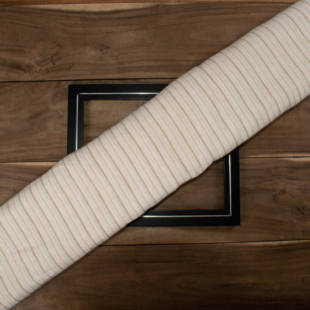 Stripe White Pink Brown Linen 190 GSM Handwoven Fabric