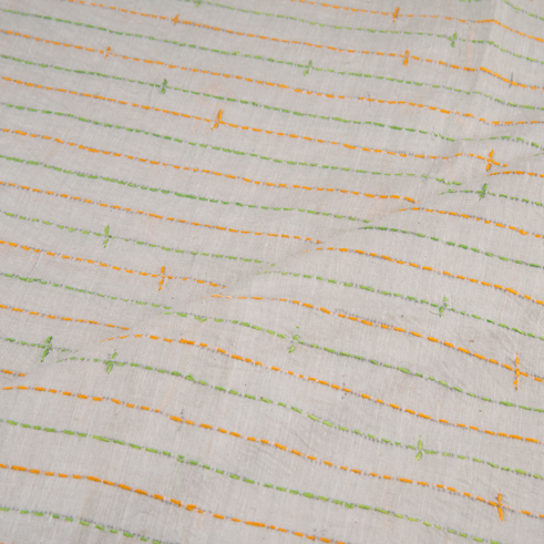 STRIPE OFF WHITE KANTHA EMBROIDERED KHADI COTTON 140 GSM HANDWOVEN FABRIC