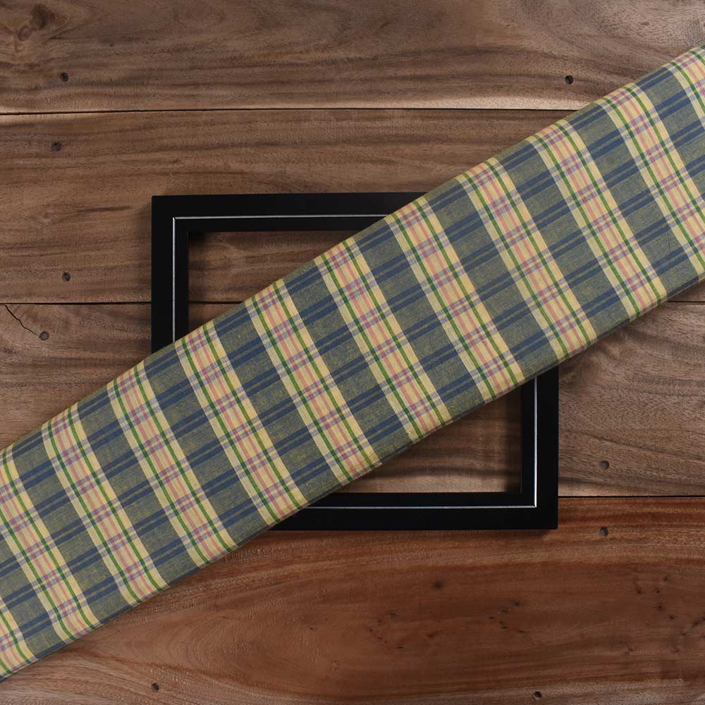 Check Green & Pink Pure Cotton 64 GSM Handwoven Fabric