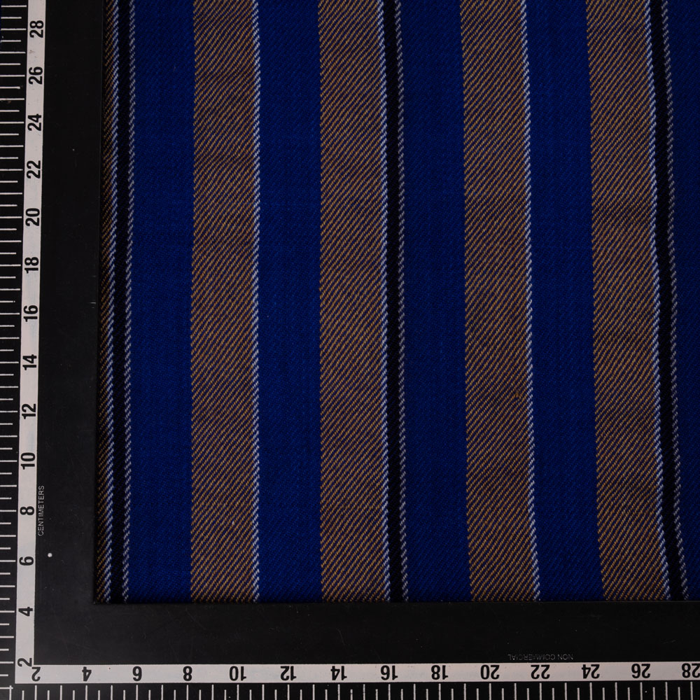 STRIPE BLUE BROWN PURE WOOL 230 GSM HANDWOVEN FABRIC