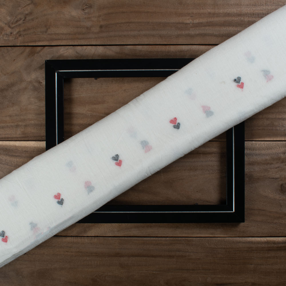 White Base Red & Black Pure Cotton 55 GSM Handwoven Jamdani Fabric