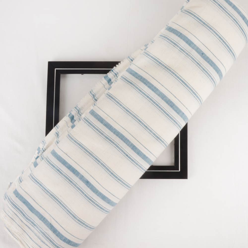 Stripe White & Teal Pure Khadi Fabric - 110 GSM Handspun & Handwoven