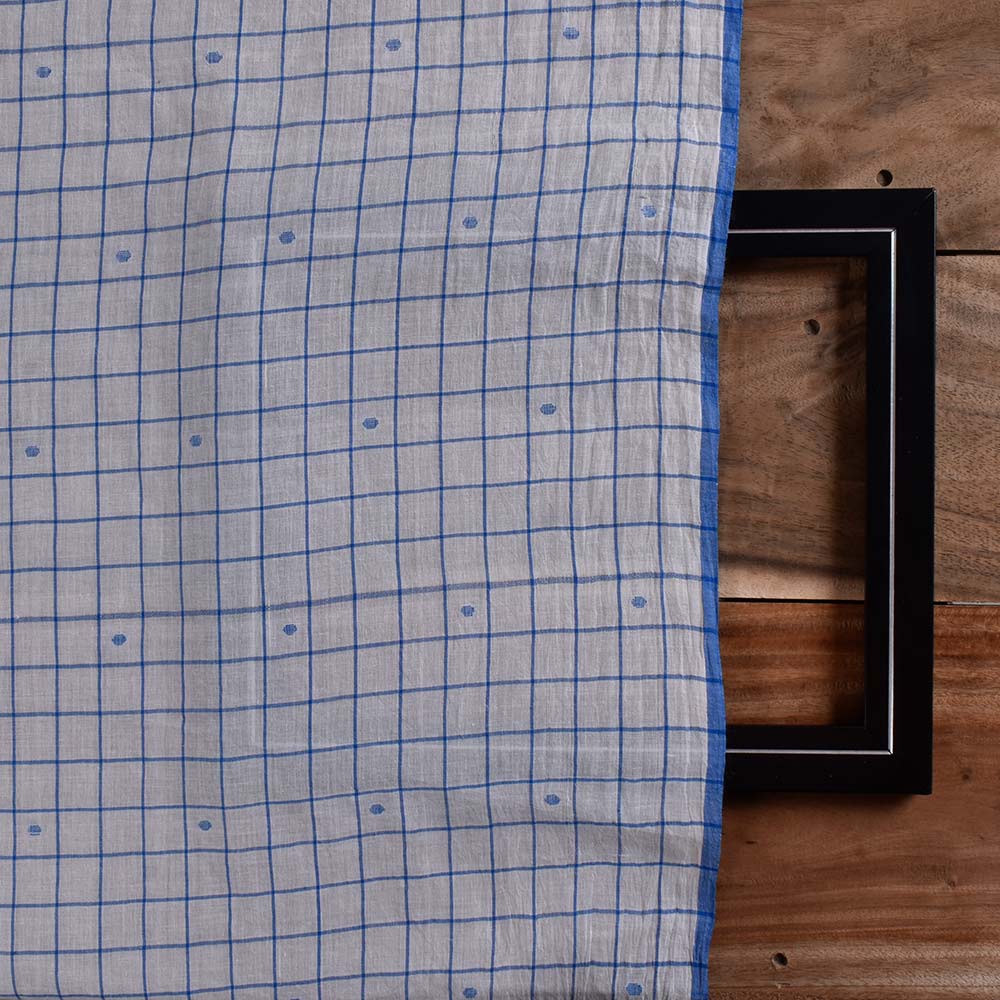 GEOMETRIC CHECK WHITE & BLUE JAMDANI PURE COTTON 60 GSM HANDWOVEN FABRIC
