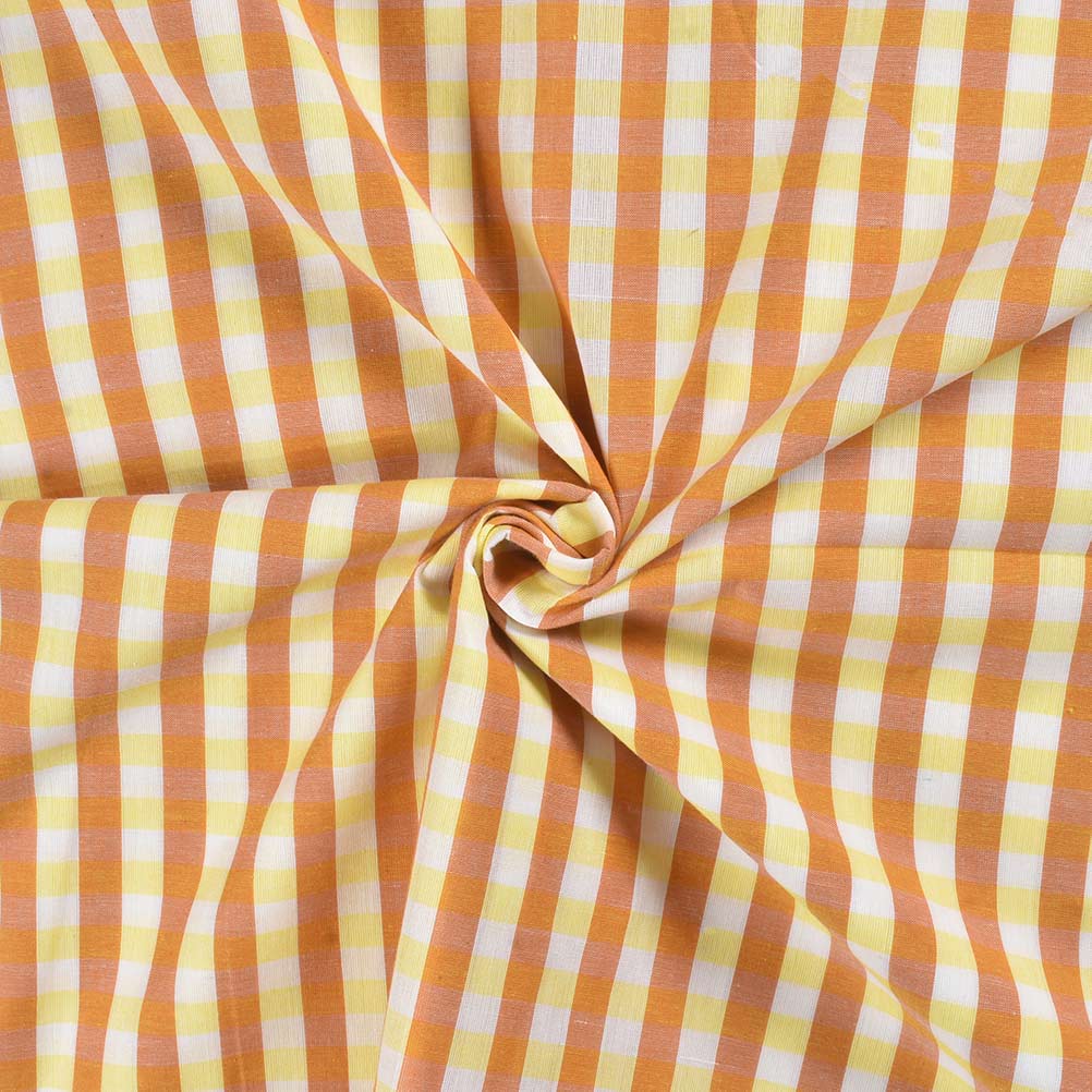 Check Yellow & Orange Pure Cotton 84 GSM Handwoven Fabric