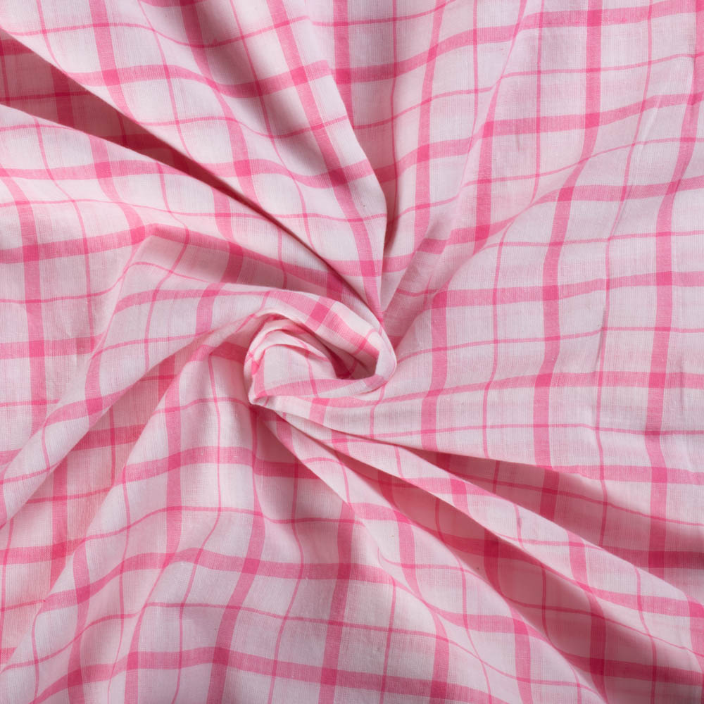 Check Pink and White Pure Cotton 60 GSM Handwoven Fabric