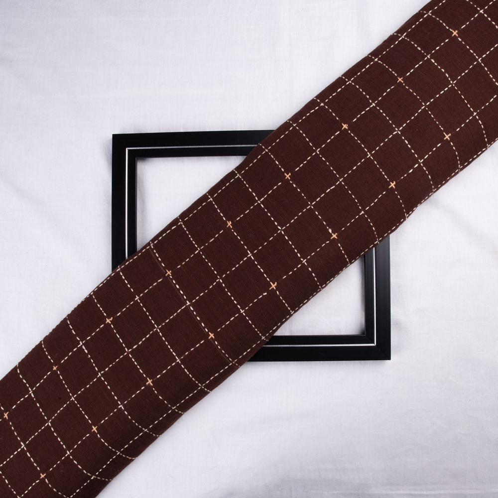 Check Brown Kantha Embroidered Khadi Cotton 110 GSM Handwoven Fabric