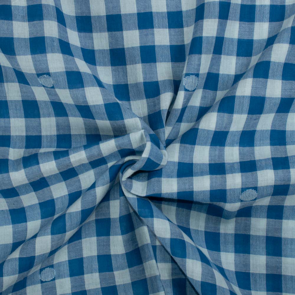 Check White & Blue Jamdani Pure Cotton 55 GSM Handwoven Fabric