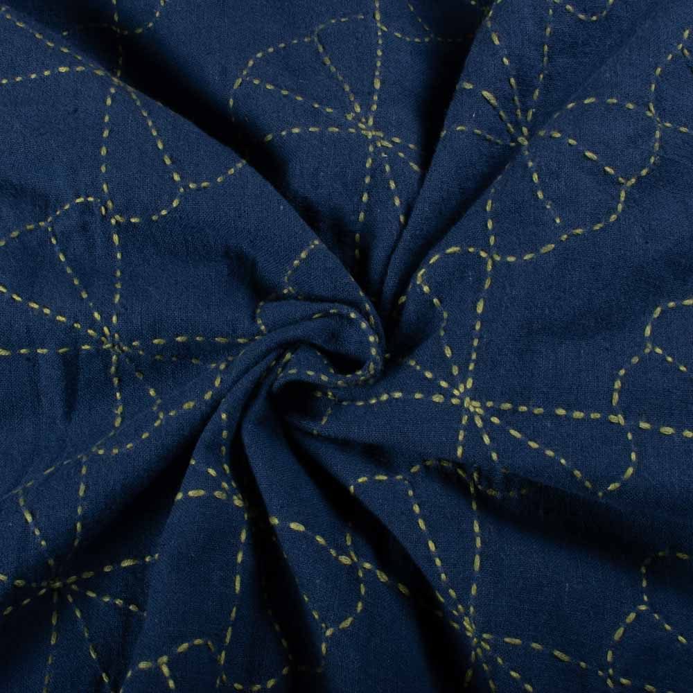 Blue & Yellow Fan Bloom Khadi 160 GSM Kantha Fabric