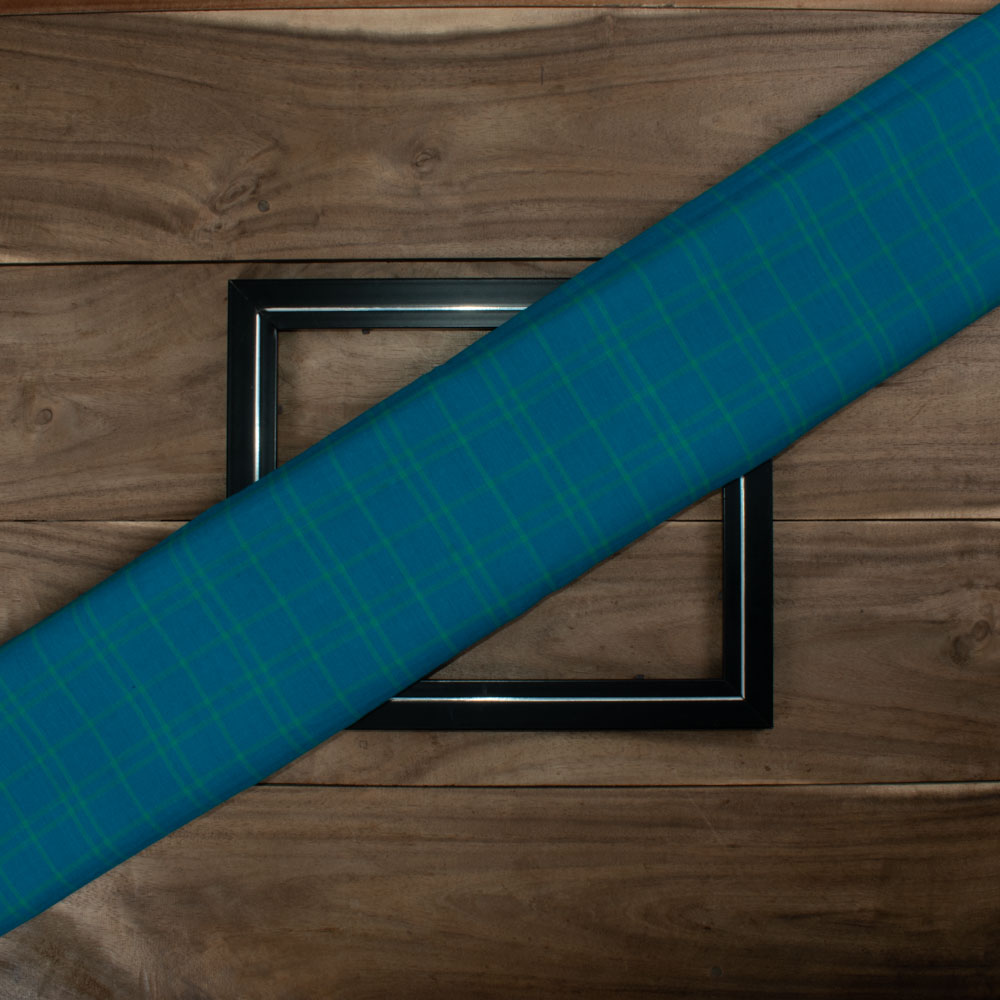 Check Blue Green Pure Cotton 60 GSM Handwoven Fabric