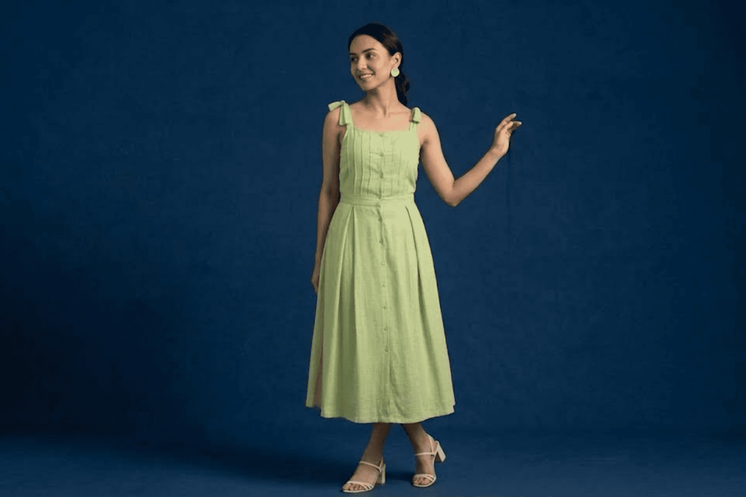 Pintucked and pleated midi dress for festive wear women