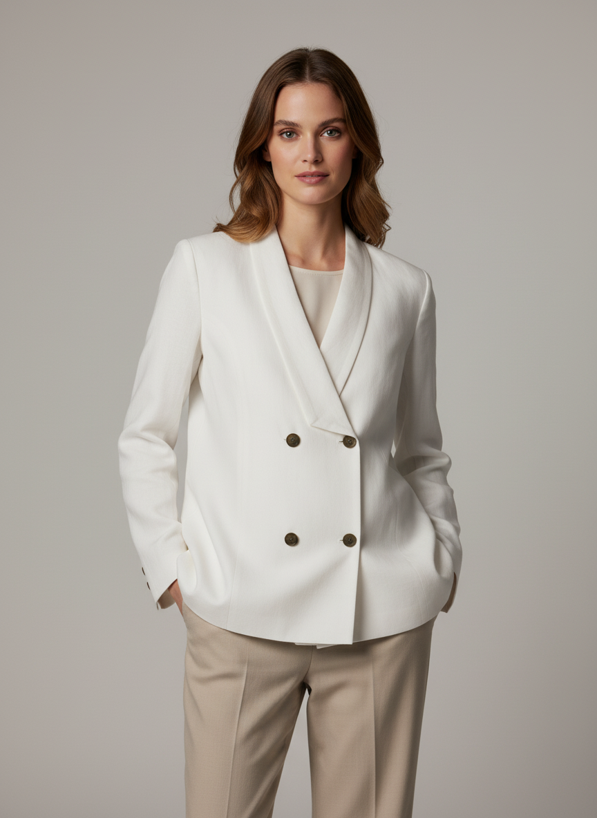 Double Breasted Coat With Plain Wide Lapel- Waist Length