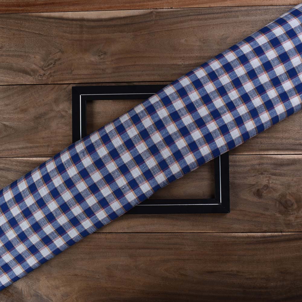 Check Blue Yellow And White Pure Cotton 94 GSM Handwoven Fabric
