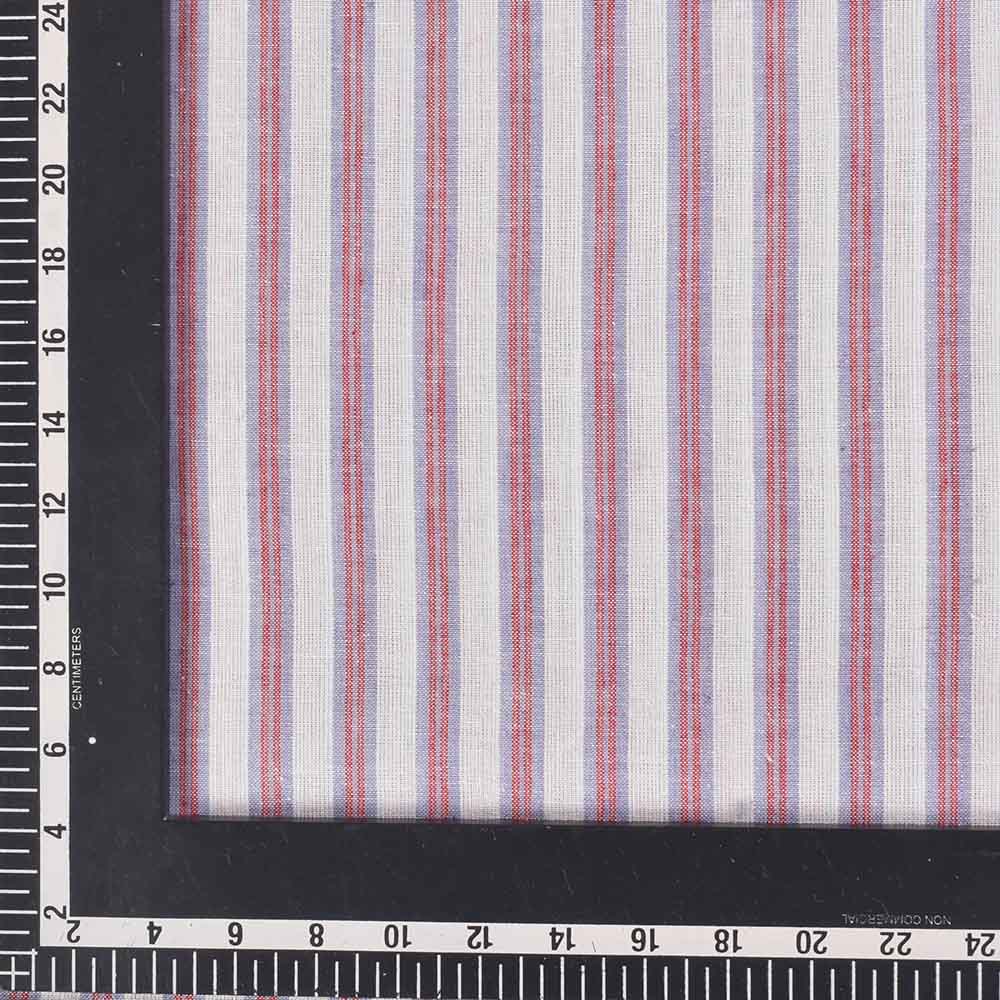 STRIPE WHITE BLUE AND RED PURE COTTON 80 GSM HANDWOVEN FABRIC