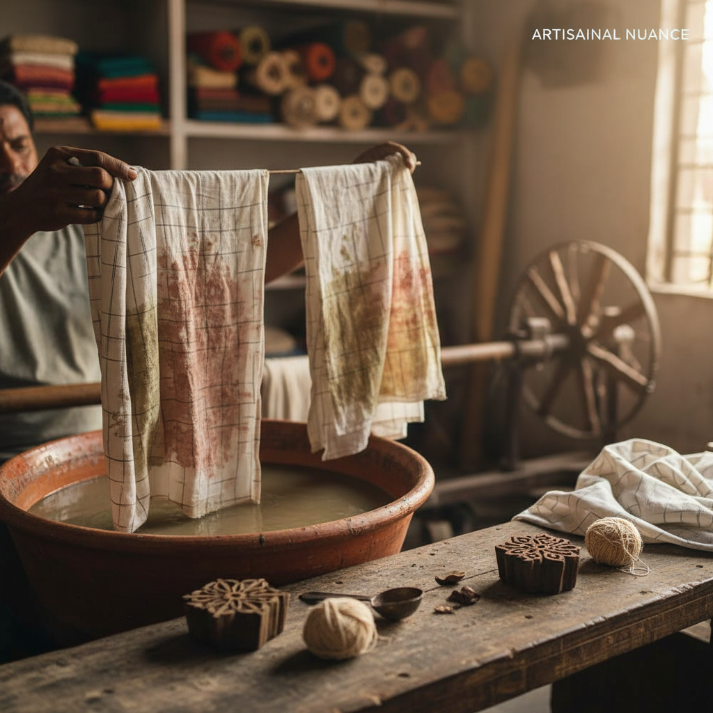 B2B textile buyer examining khadi fabric swatches during online sourcing for fashion production