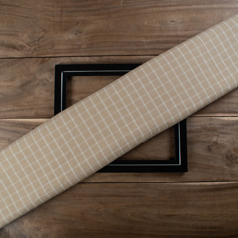 Check Beige & White Pure Cotton 105 GSM Handwoven Fabric
