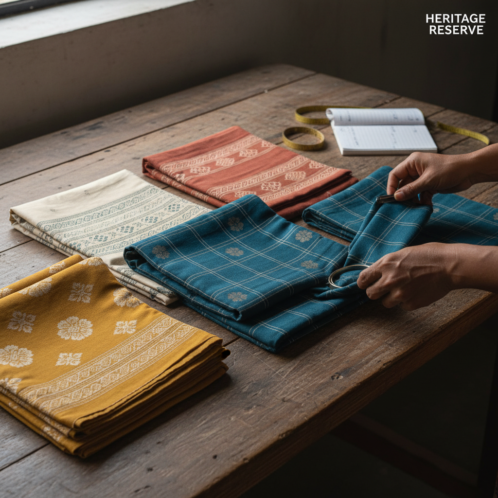 Assorted jamdani fabric rolls stacked for wholesale sourcing and bulk selection