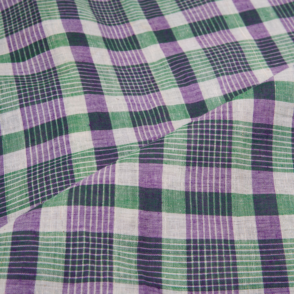 CHECK PURPLE & GREEN PURE COTTON 67 GSM HANDWOVEN FABRIC