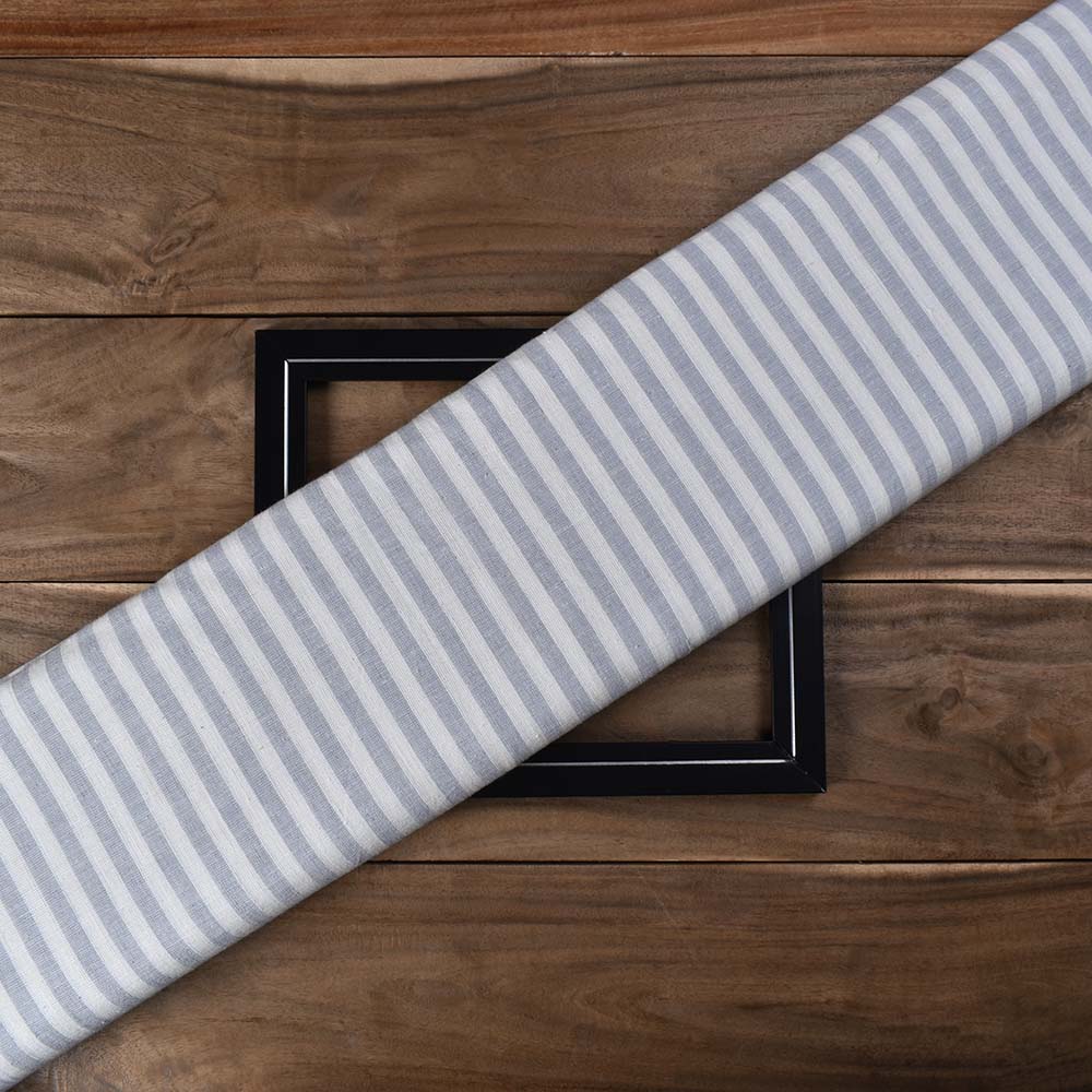 Stripe White Grey Pure Khadi 160 GSM Handwoven Fabric