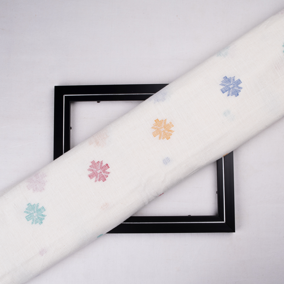 Geometric White Jamdani Pure Khadi 118 GSM Handspun & Handowven Fabric