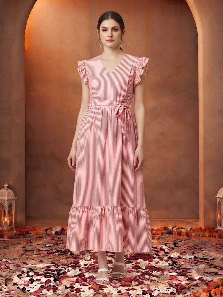 Waist Tied Ruffled & Gathered Dress