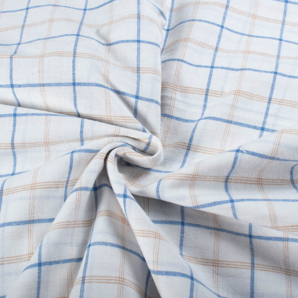 Check White Blue Brown Pure Cotton 100 GSM Handwoven Fabric