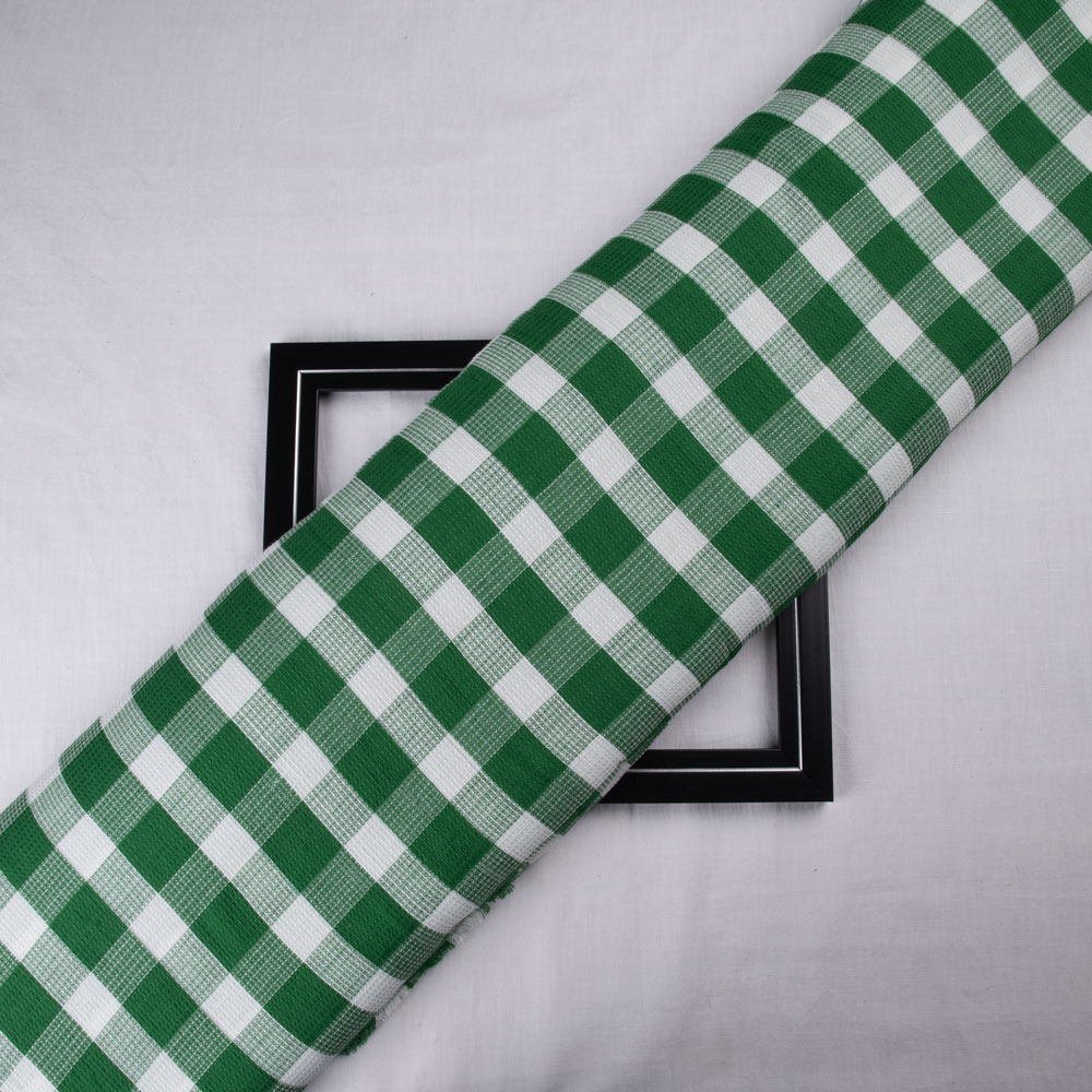 Check Green & White Honeycomb Weave Pure Cotton 99 GSM Fabric