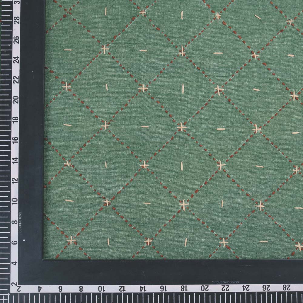 CHECK GREEN KANTHA EMBROIDERED PURE COTTON 153 GSM HANDWOVEN FABRIC