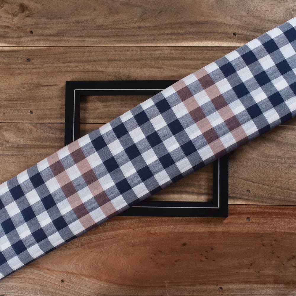 Check Brown Blue & White Pure Cotton 95 GSM Handwoven Fabric