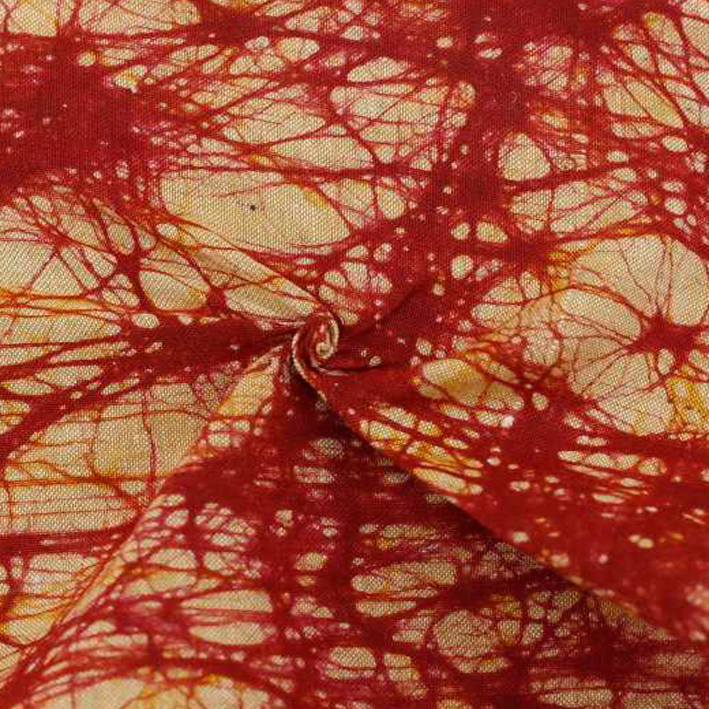 Abstract Yellow Red Batik Cotton Khadi 112 GSM Fabric - Hand Printed