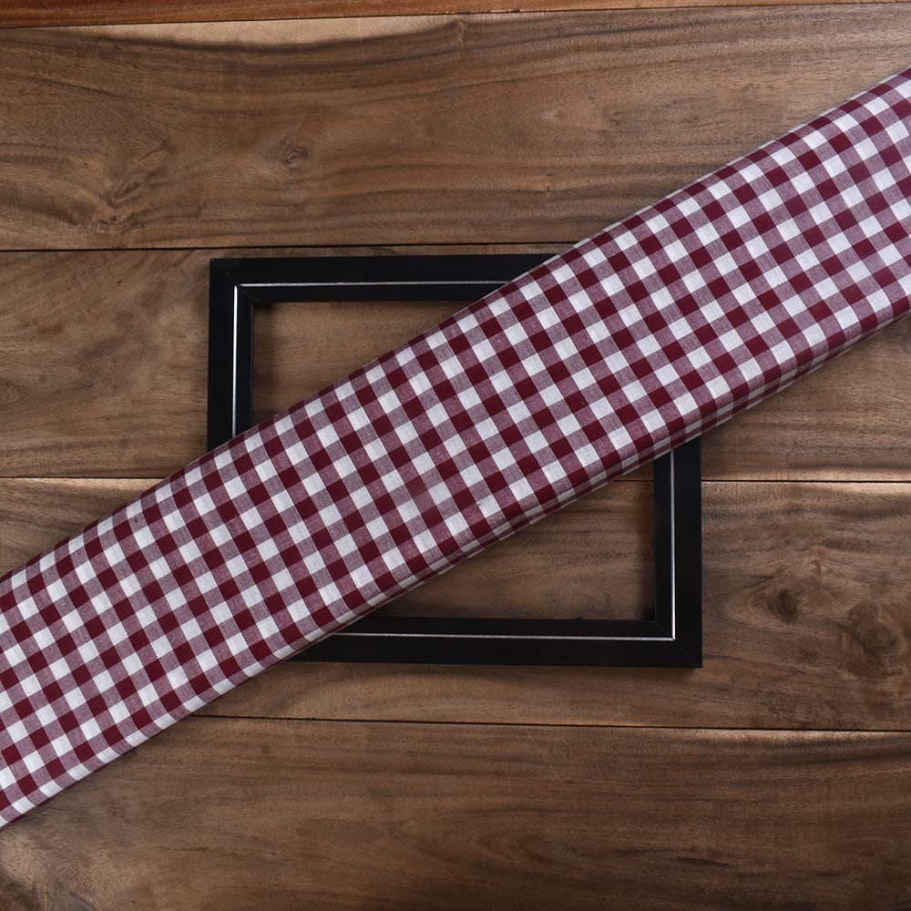 Check White & Maroon Pure Cotton 87 GSM Handwoven Fabric
