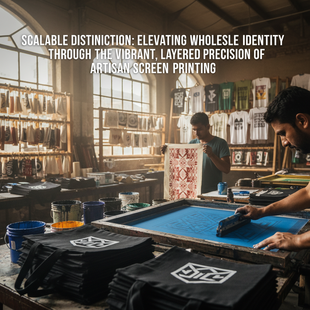 Artisans performing manual screen printing on sustainable cotton fabric in an Indian textile unit.