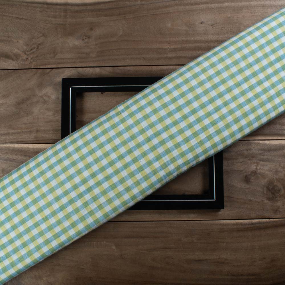 Check Yellow Turquoise Pure Khadi 130 GSM Handwoven Fabric