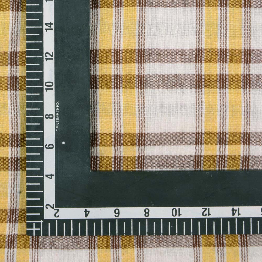 CHECK BRWON YELLOW & WHITE PURE COTTON 99 GSM HANDWOVEN FABRIC
