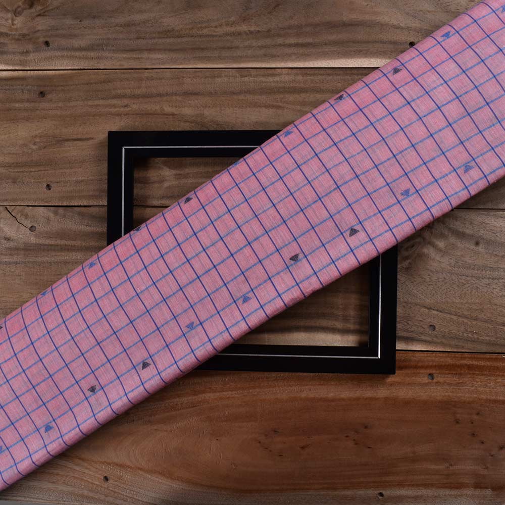 Geometric Check Pink & Blue Jamdani Pure Cotton 54 GSM Handwoven Fabric