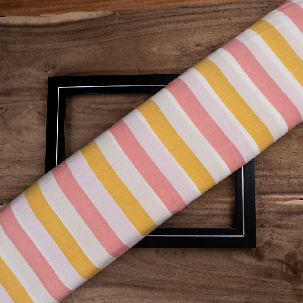 Stripe Orange & Pink Pure Cotton 92 GSM Handwoven Fabric
