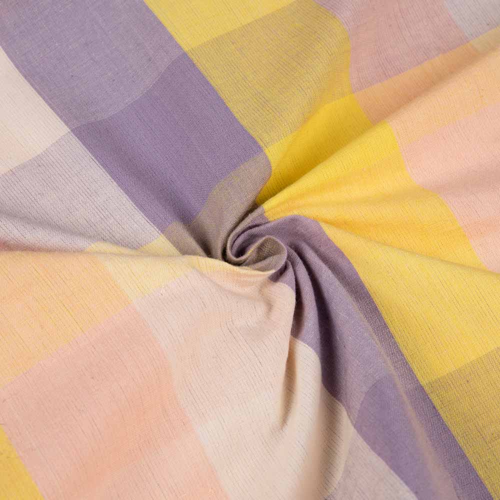 Check Peach Purple & Yellow Cotton 130 GSM Handwoven Fabric 180