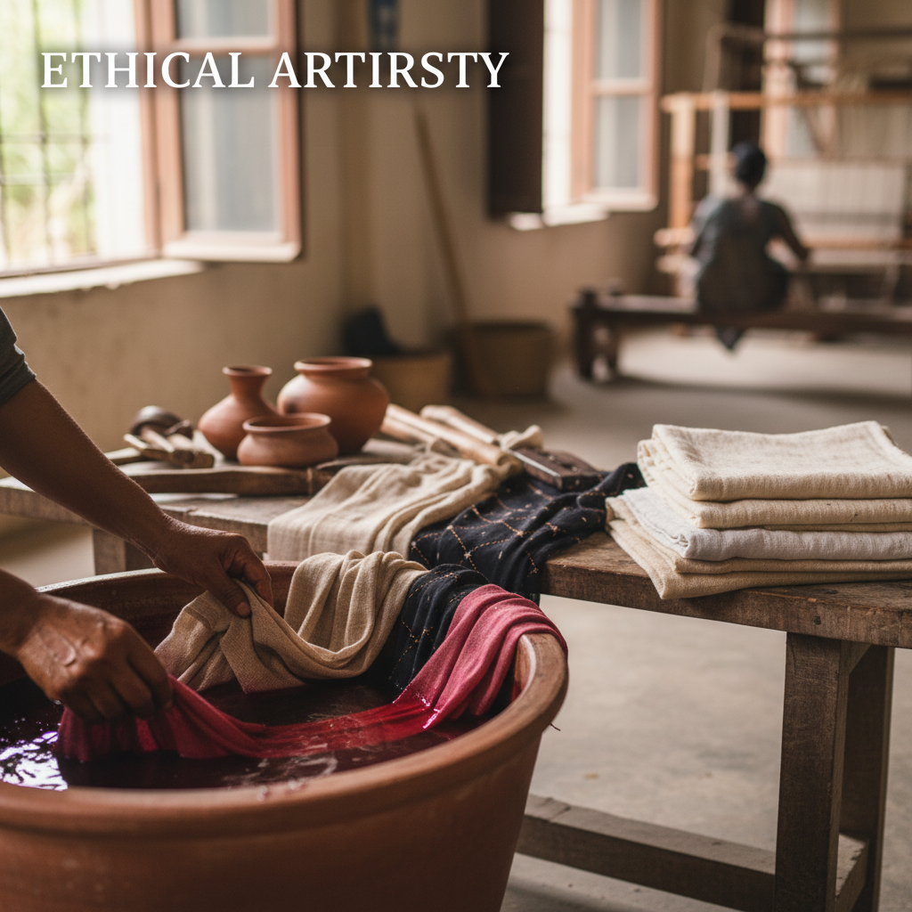 Handloom weaving raw silk fabric in an artisan workshop in East India