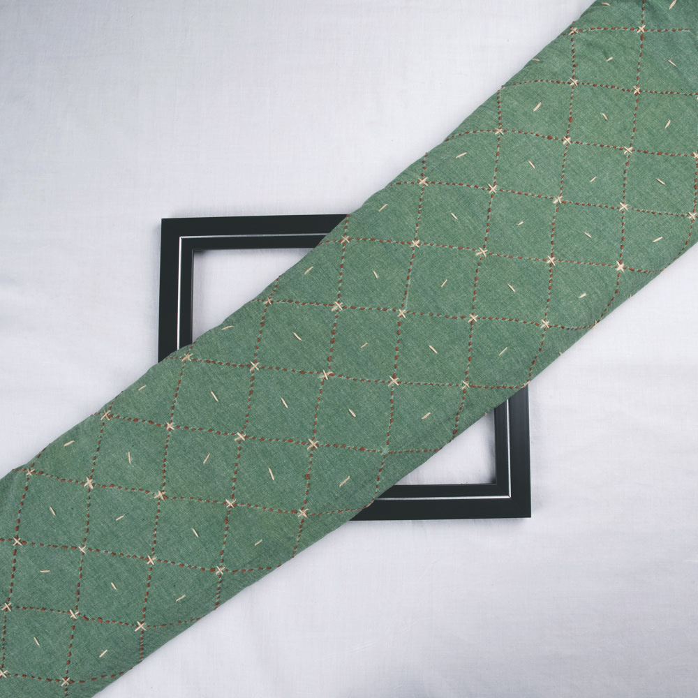 Check Green Kantha Embroidered Pure Cotton 153 GSM Handwoven Fabric