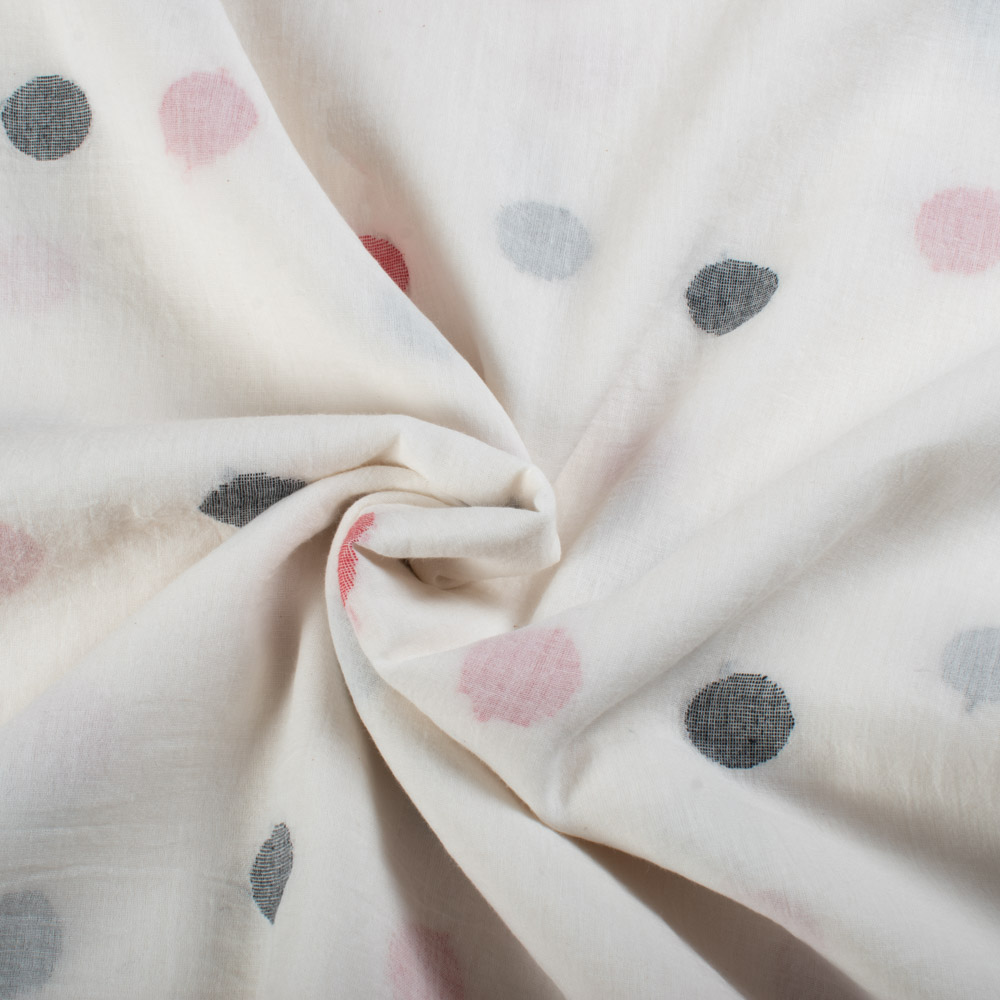 White Base Black & Red Circle Pure Cotton 55 GSM Handwoven Jamdani Fabric
