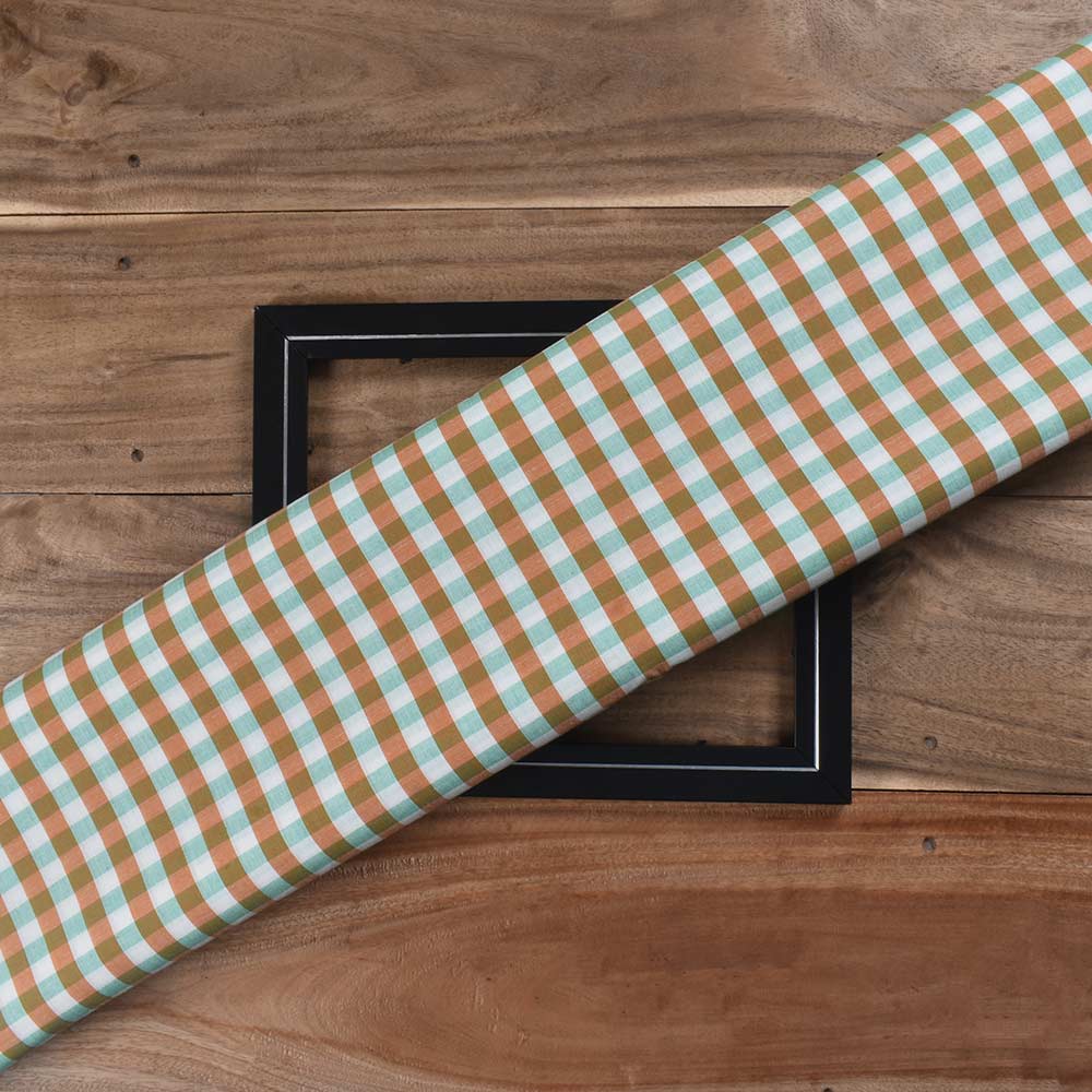 Check Orange & Green Pure Cotton 84 GSM Handwoven Fabric