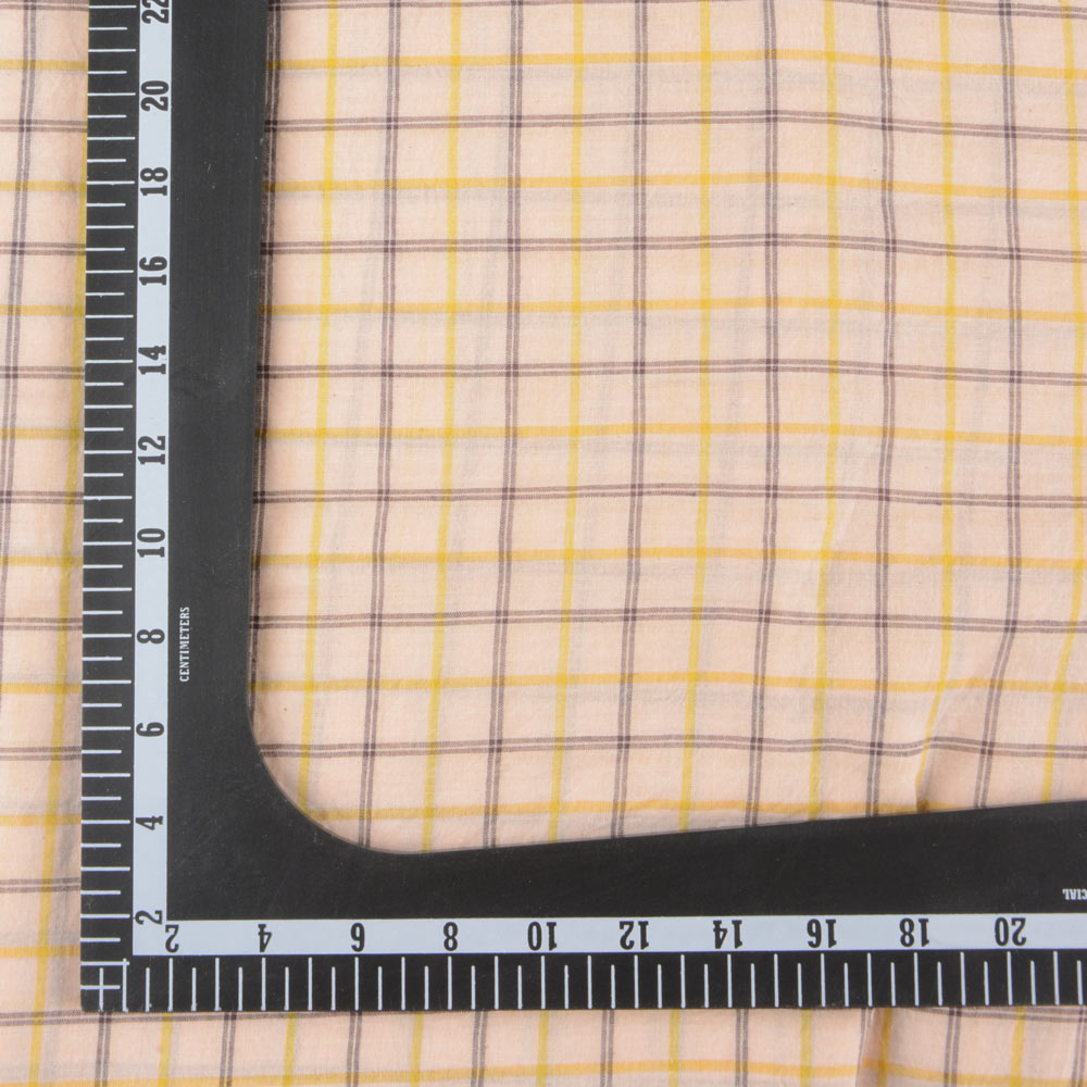 CHECK YELLOW BLACK & PEACH 61 GSM HANDWOVEN COTTON FABRIC