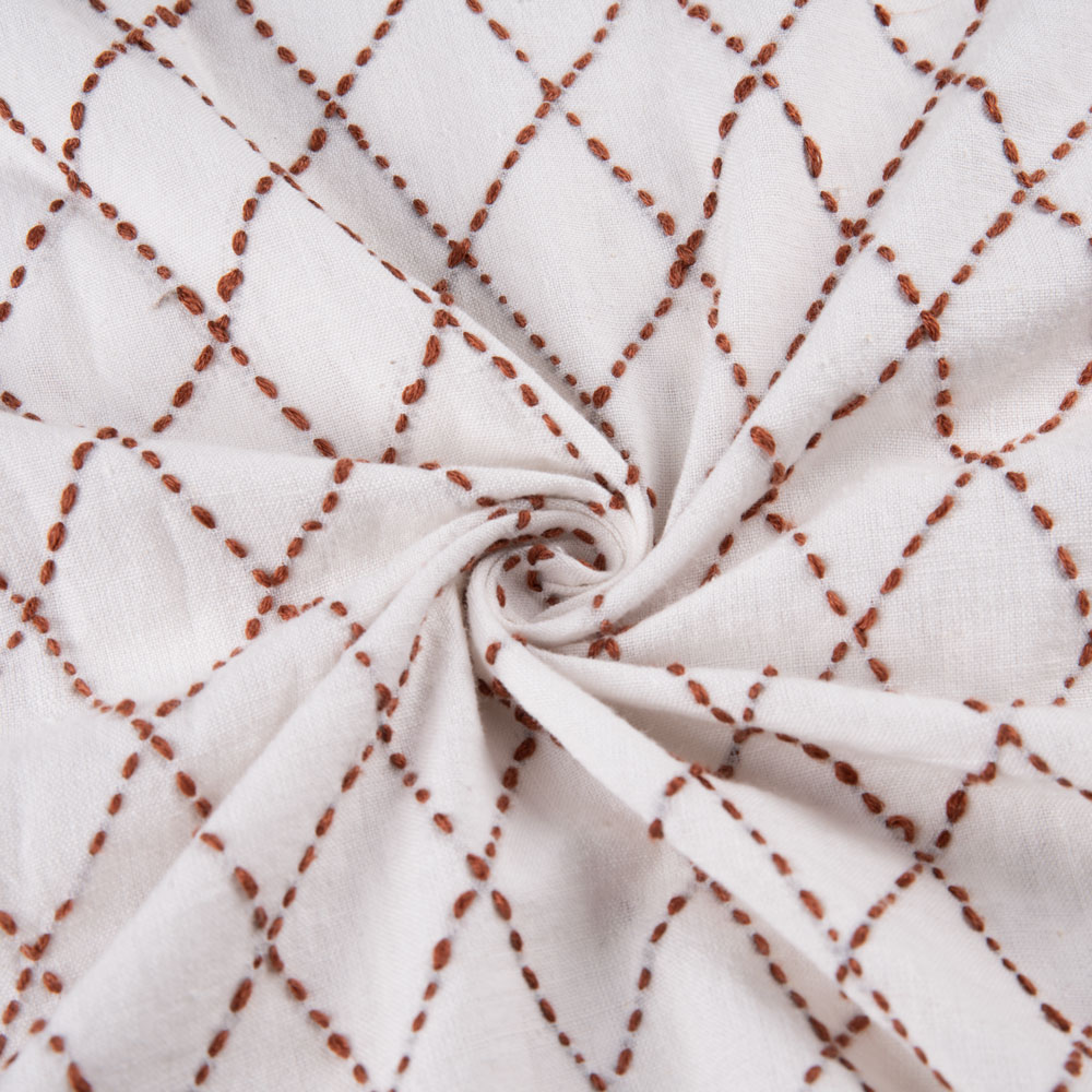 Diamond White & Brown Kantha Embroidered Pure Khadi Handspun & Handwoven 123 GSM Fabric
