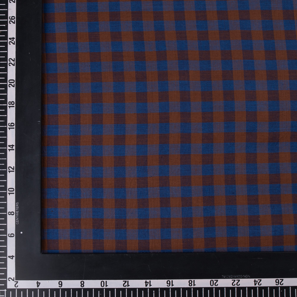 CHECK BLUE & BROWN PURE COTTON 92 GSM HANDWOVEN FABRIC