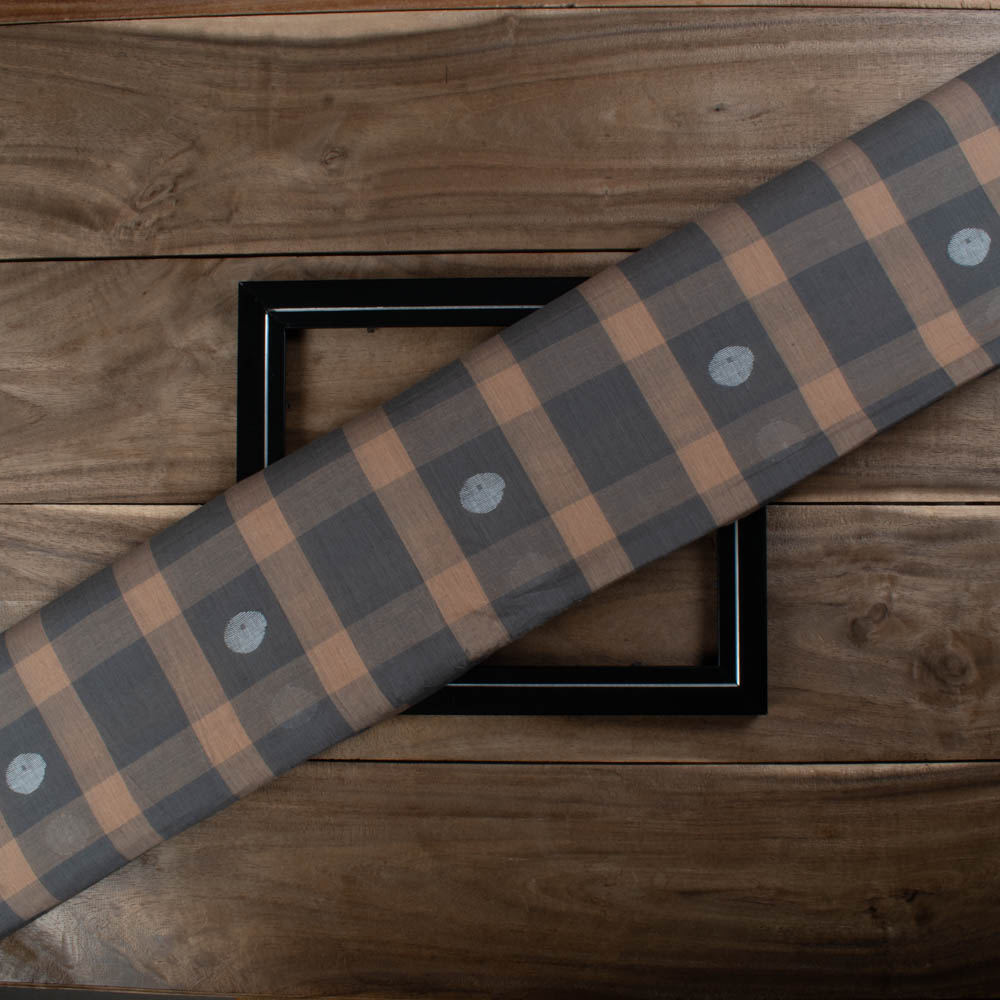 Grey & Brown Check Circle Motif Pure Cotton 54 GSM Handwoven Jamdani Fabric