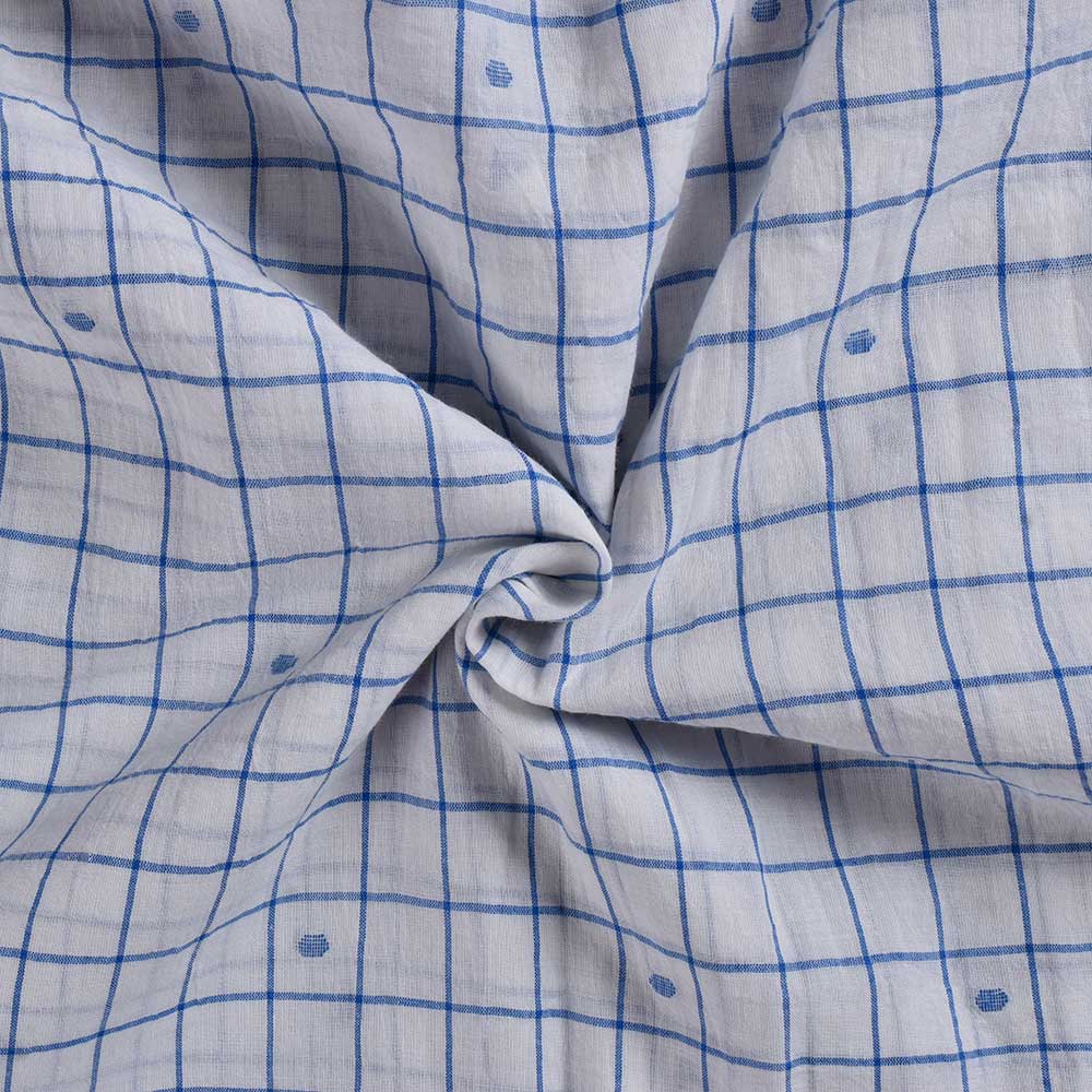 Geometric Check White & Blue Jamdani Pure Cotton 60 GSM Handwoven Fabric